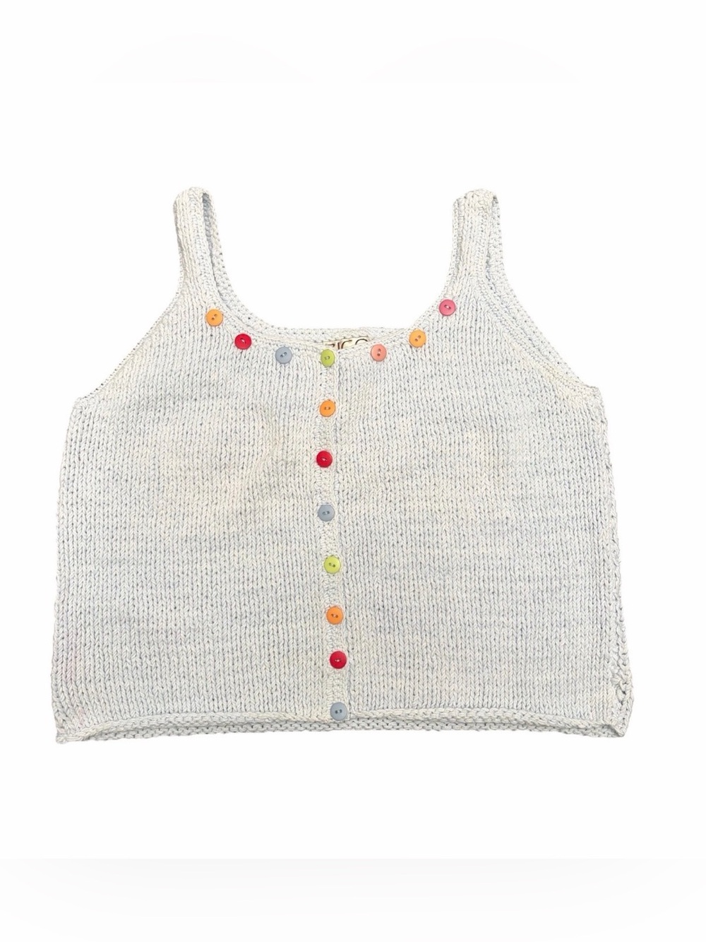 Vtg 90s RICO Knit Crochet Cropped Tank Shirt S/M Lt Blue Boho Festival Layering